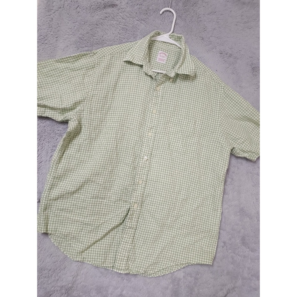 Vintage Brooks Brothers Shirt Mens Large  Gingham 100% Irish Linen Green Preppy